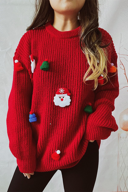 Casual Santa Claus Christmas Tree Patchwork Weave O Neck Sweaters