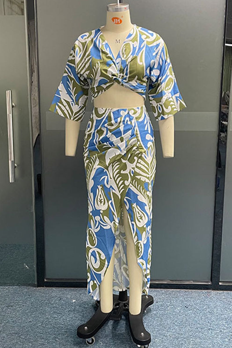 Sexy Casual Vacation Floral Print Slit V Neck Half Sleeve Two Pieces