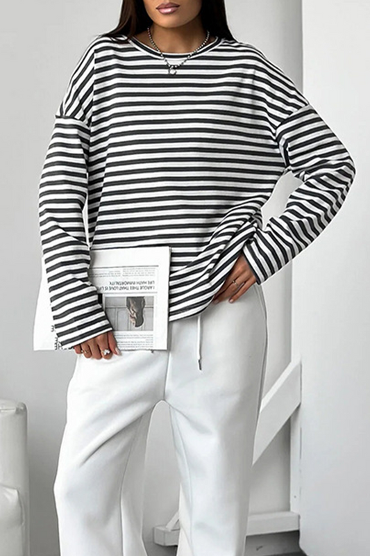 Casual Stripe Contrast O Neck Tops