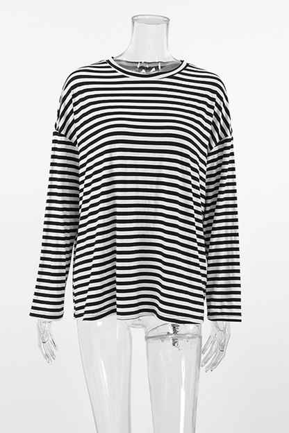 Casual Stripe Contrast O Neck Tops