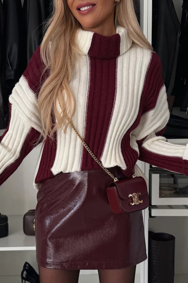 Casual Stripe Weave Contrast Turtleneck Sweaters