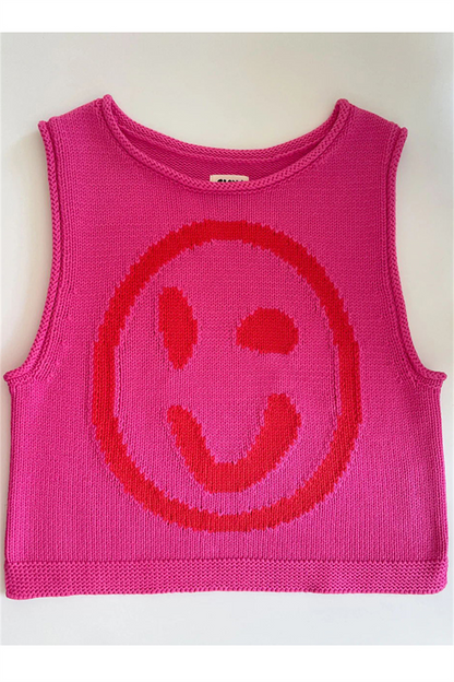 Casual Smiley Face Weave Contrast O Neck Tops(5 Colors)