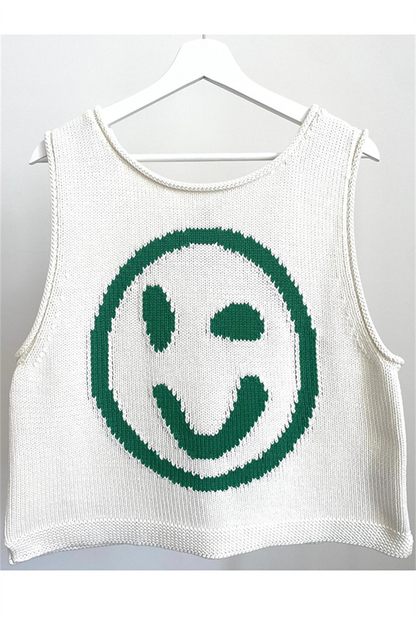 Casual Smiley Face Weave Contrast O Neck Tops(5 Colors)