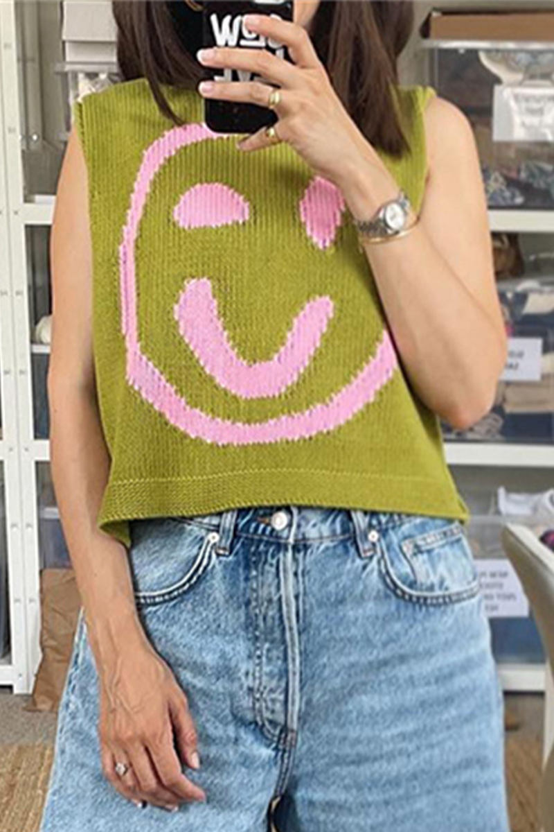 Casual Smiley Face Weave Contrast O Neck Tops(5 Colors)