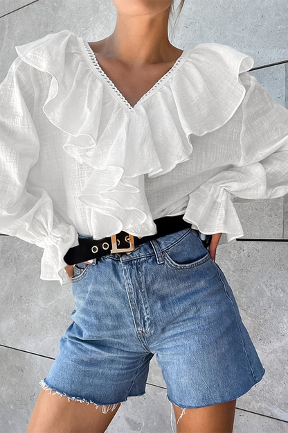 Casual Solid Color Ruffle V Neck Blouses