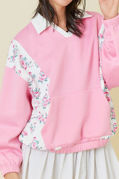 Casual Flowers Pocket Patchwork Contrast Turndown Collar Sweats