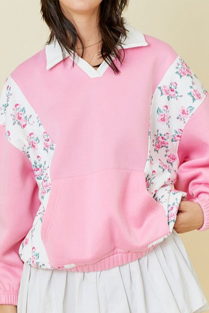 Casual Flowers Pocket Patchwork Contrast Turndown Collar Sweats