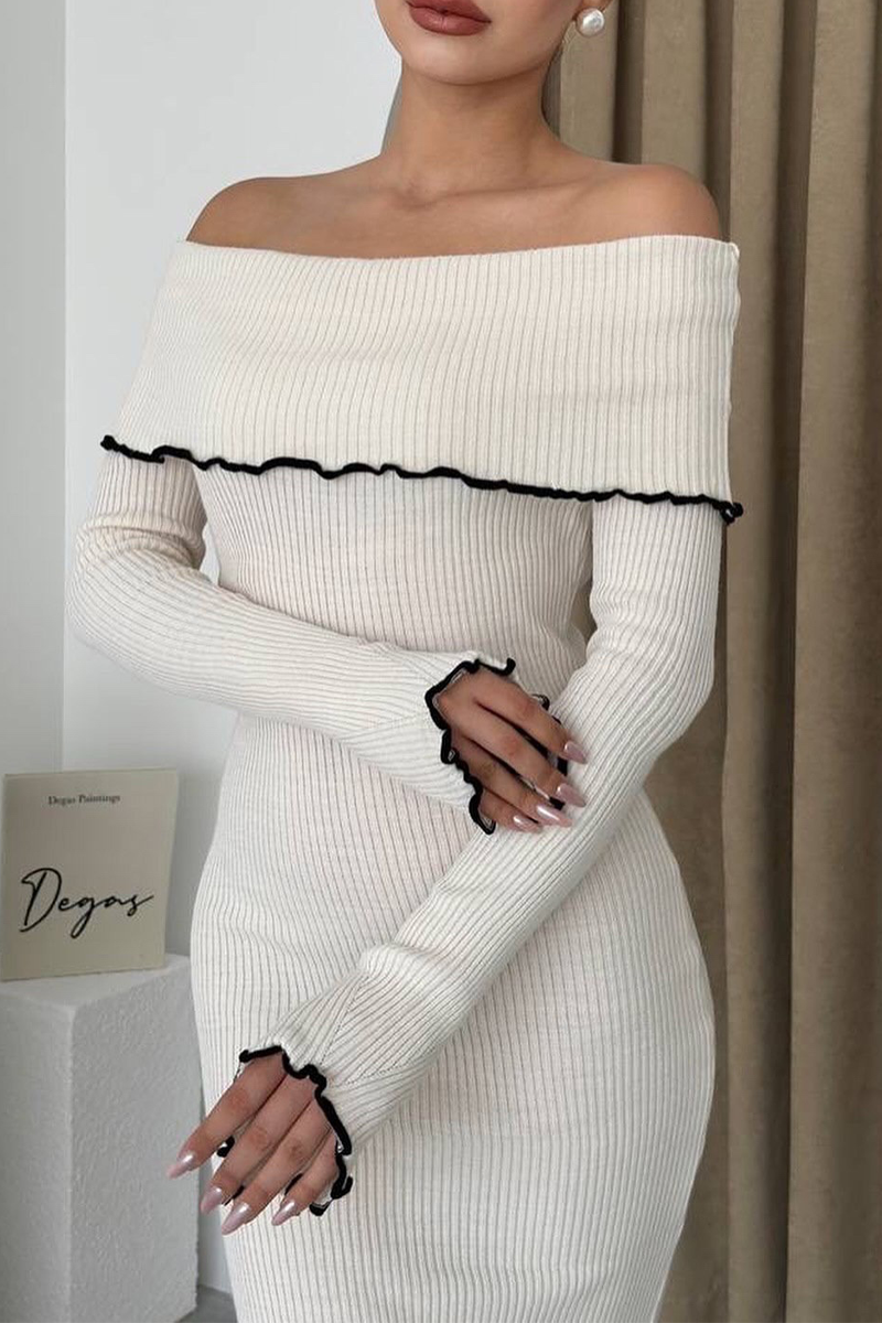 Sexy Patchwork Contrast Potholes Off Shoulder One Step Skirt Dresses