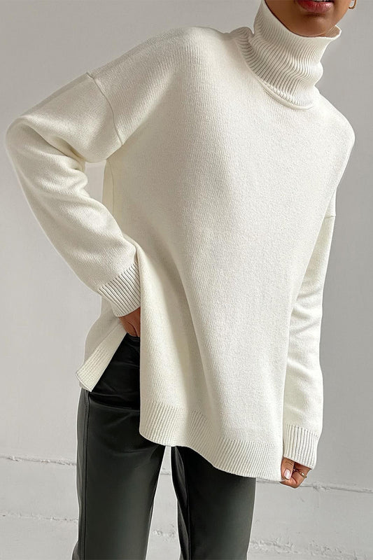 Casual Solid Color Slit Turtleneck Sweaters