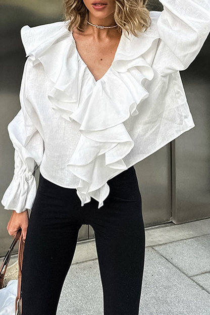 Casual Solid Color Ruffle V Neck Blouses