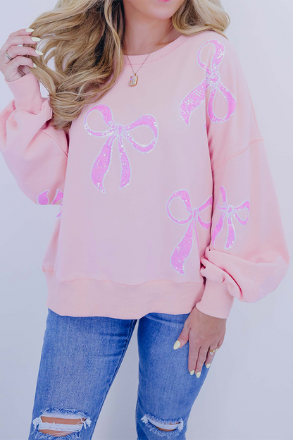 Casual Bow Embroidered Sequins O Neck Sweats