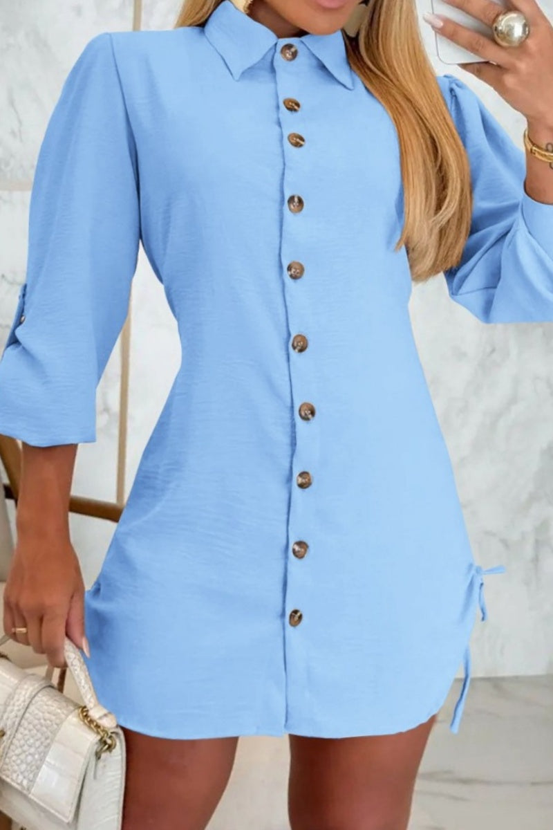 Casual Lace Up Buttons Turndown Collar Shirt Dresses(7 Colors)