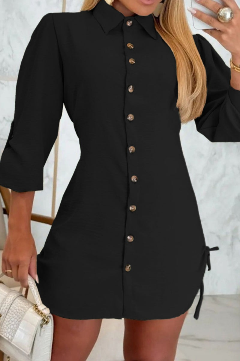 Casual Lace Up Buttons Turndown Collar Shirt Dresses(7 Colors)