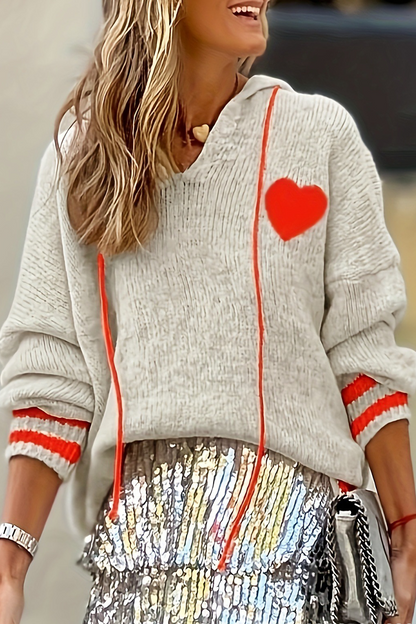 Casual Heart Shaped Draw String Weave Contrast Hooded Sweaters