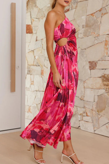 Sexy Vacation Floral Print Hollow Out Draw String Pleated Sloping Shoulder Pleated Dresses(3 Colors)