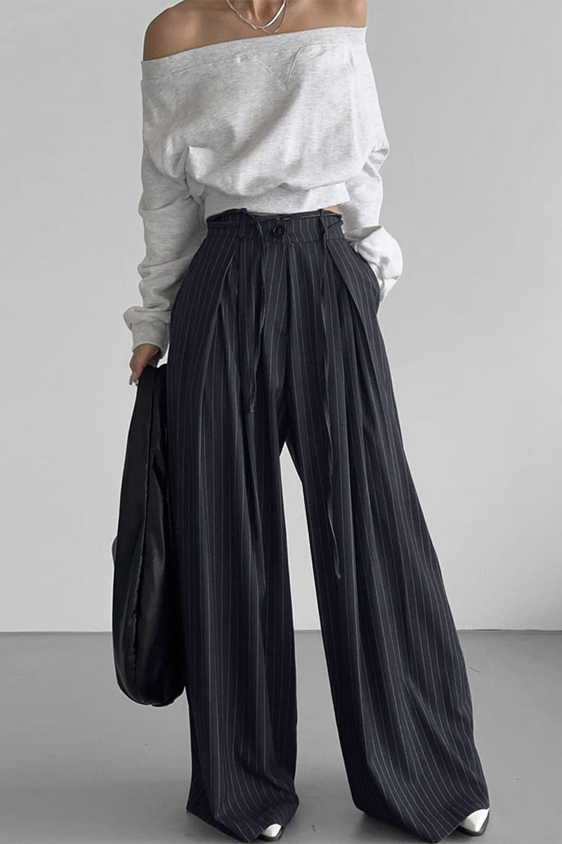 Casual Street Stripe Pocket Patchwork Strap Design Loose High Waist Wide Leg Full Print Bottoms