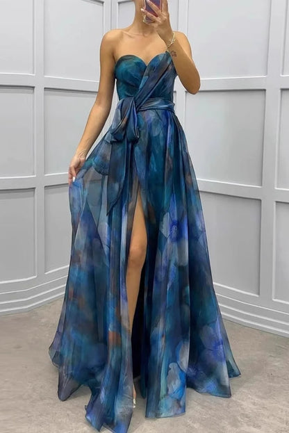 Sexy Prom Floral Print Lace Up Slit Contrast Strapless Evening Dresses