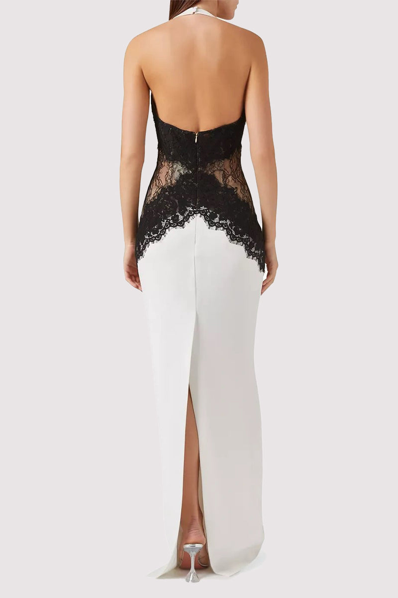 Sexy Lace Backless Contrast Halter Long Dresses