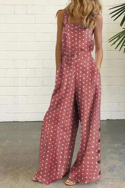 Elegant Dot Print Patchwork Square Collar Straight Jumpsuits