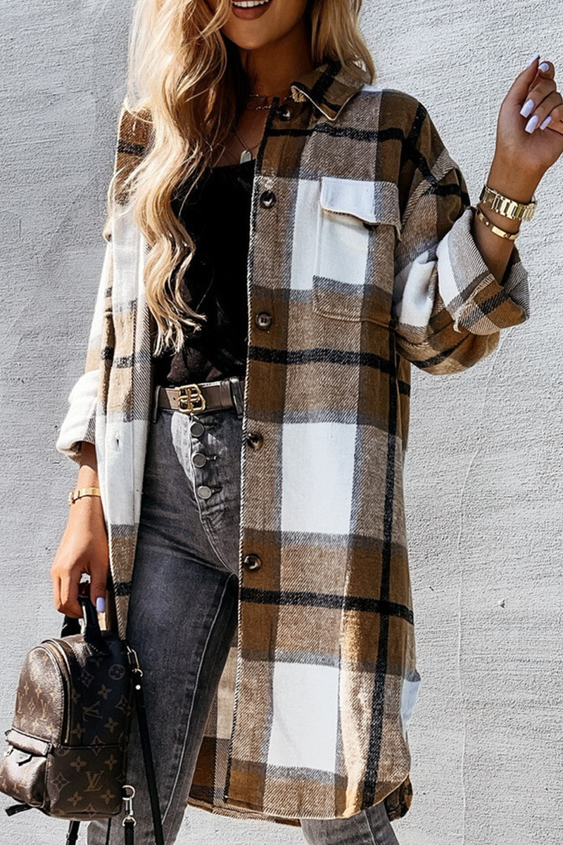 Casual Plaid Patchwork Buckle Turndown Collar Outerwear