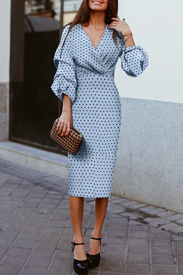 Fashion Elegant Polka Dot Patchwork Fold V Neck Waist Skirt Dresses