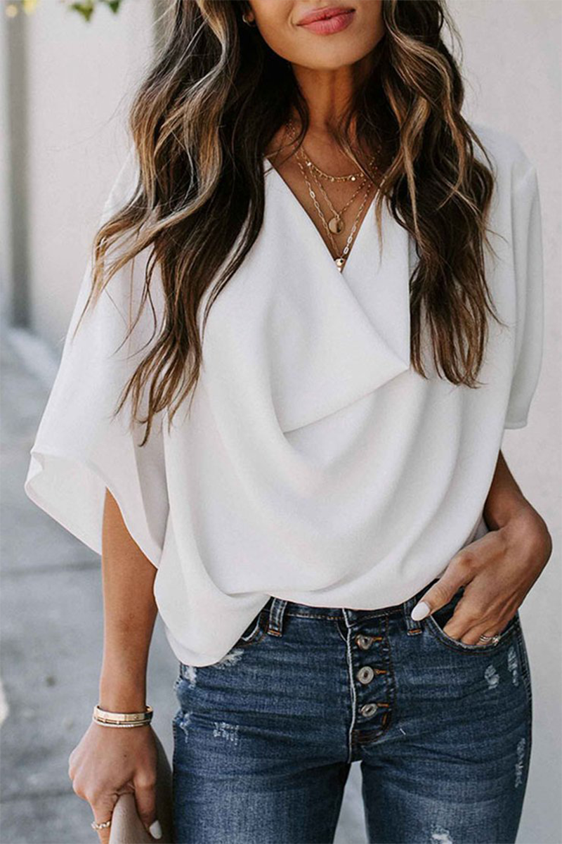 Casual Solid Flounce V Neck T-Shirts