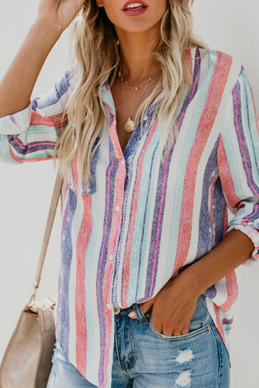 Fashion Striped Patchwork Turndown Collar Tops