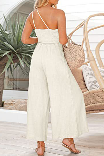 Fashion Solid Patchwork One Shoulder Straight Jumpsuits(8 Colors)