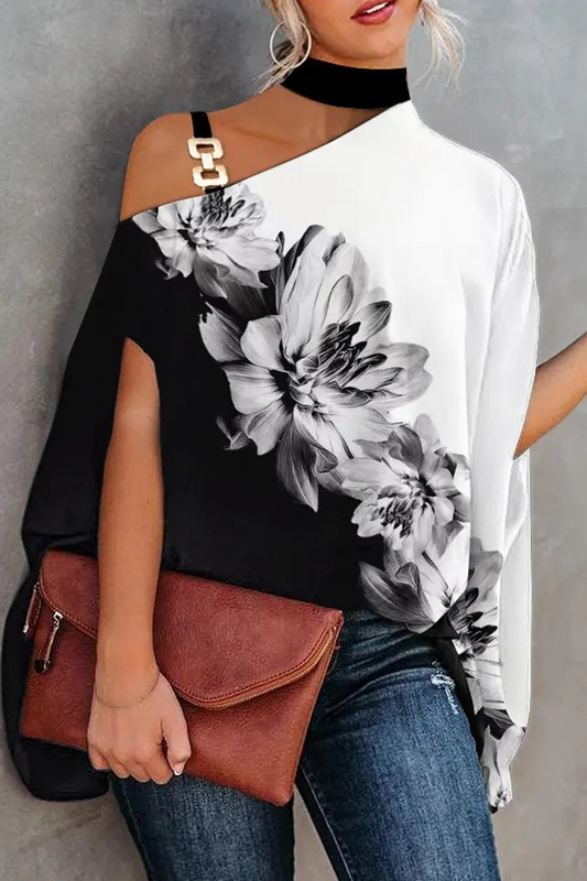 Fashion Print Patchwork One Shoulder Tops