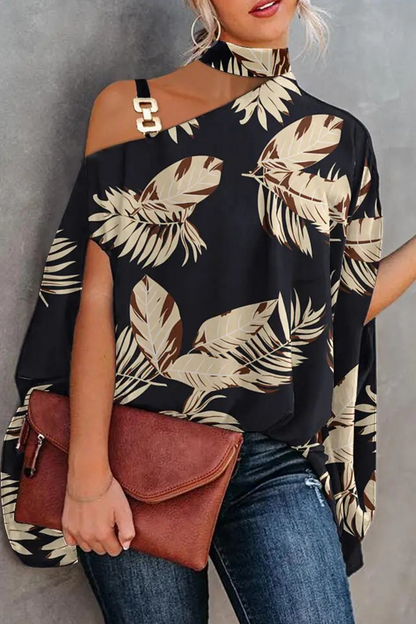 Fashion Print Patchwork One Shoulder Tops