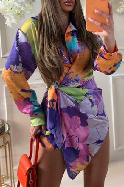 Casual Print Patchwork Turndown Collar Shirt Dress Dresses