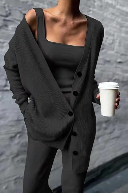 Casual Solid Cardigan Vests Pants Square Collar Long Sleeve Three-piece Set(3 Colors)