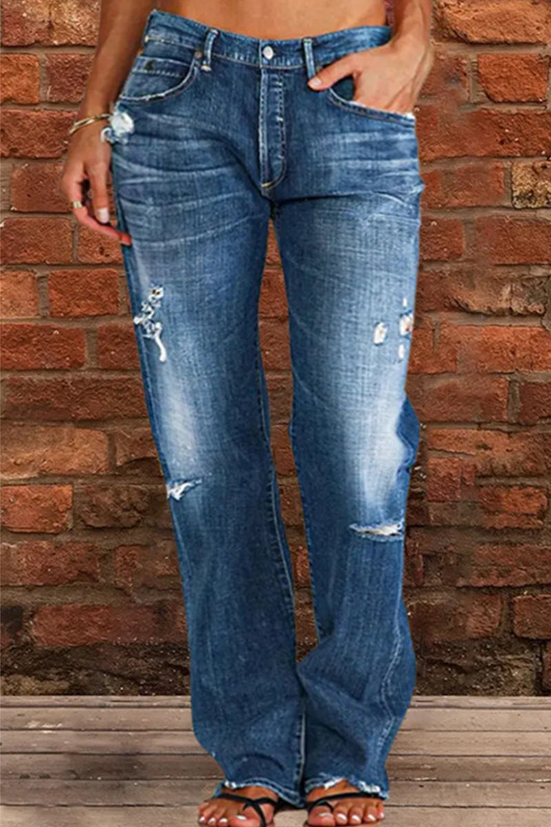 Casual Street Patchwork Ripped Straight Denim Jeans(3 Colors)