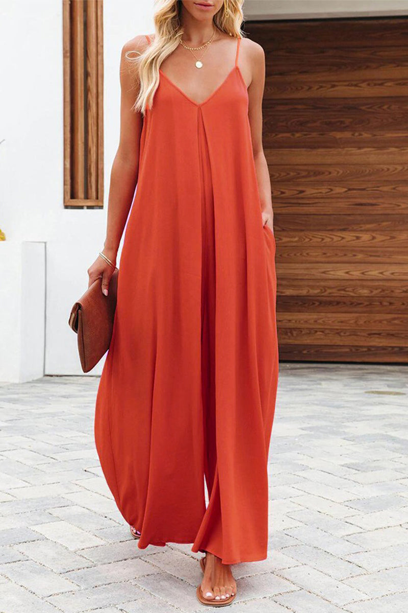 Casual Solid Solid Color V Neck Loose Jumpsuits