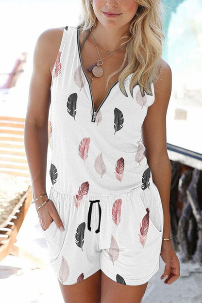 Casual Sportswear Print Pocket Zipper V Neck Loose Rompers