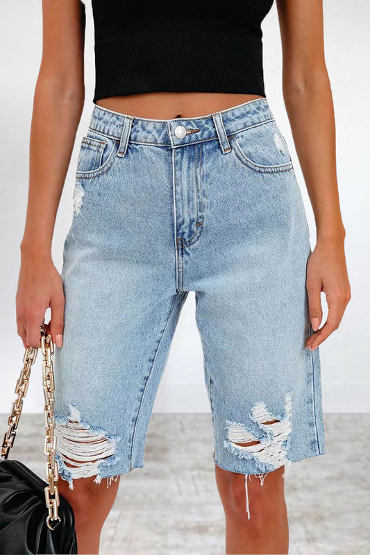 Casual Street Solid Ripped Patchwork Regular Denim Shorts