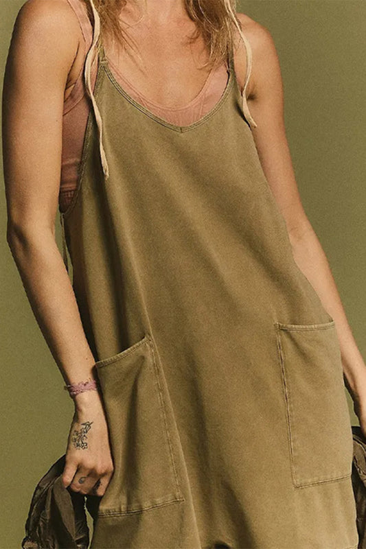 Casual Simplicity Solid Pocket V Neck Loose Rompers