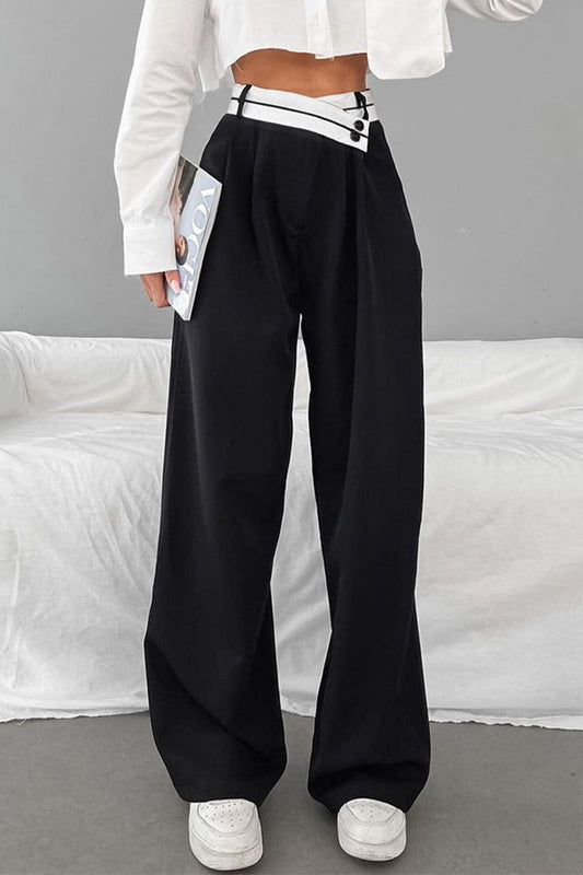 Casual Color Block Patchwork Contrast Loose High Waist Wide Leg Patchwork Bottoms