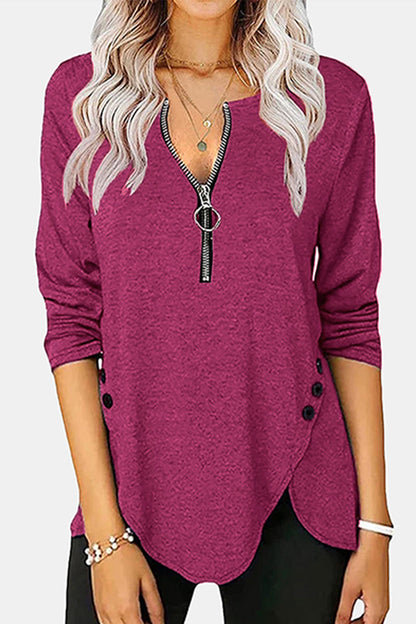 Casual Solid Buckle Asymmetrical Zipper Collar Tops