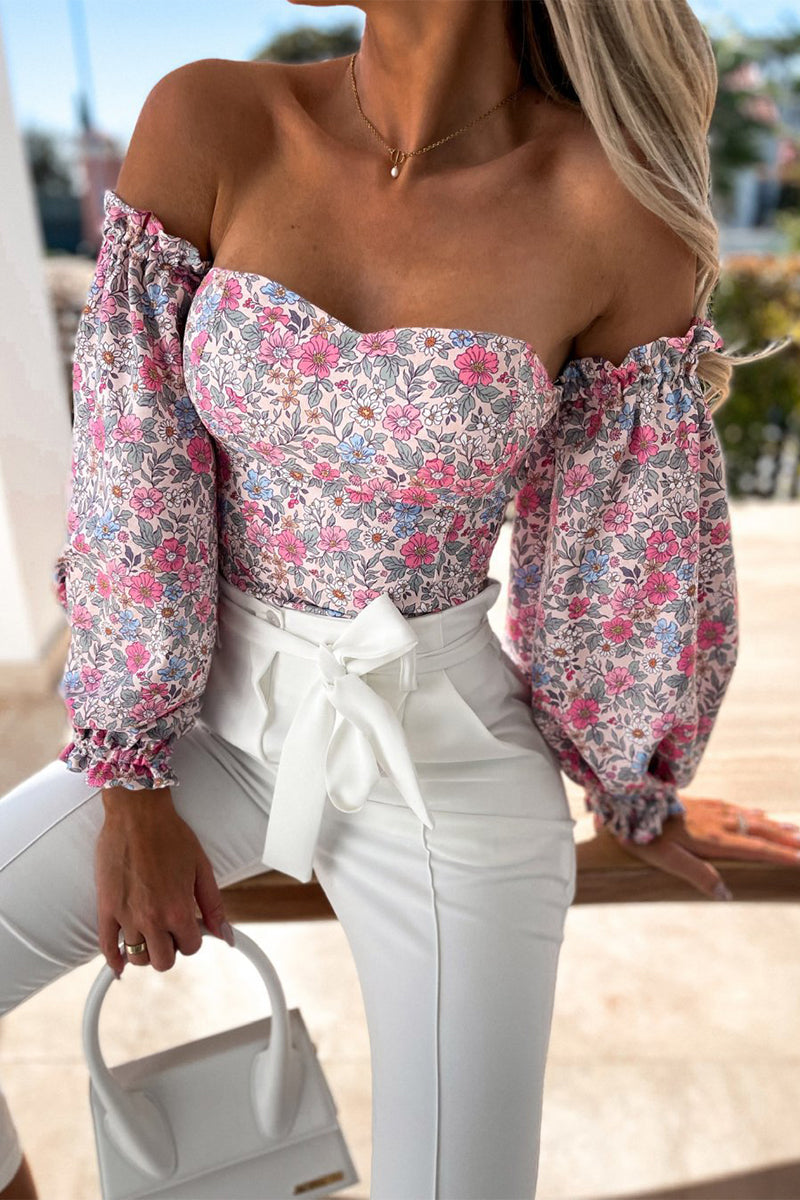 Sweet Elegant Print Printing Off the Shoulder Tops