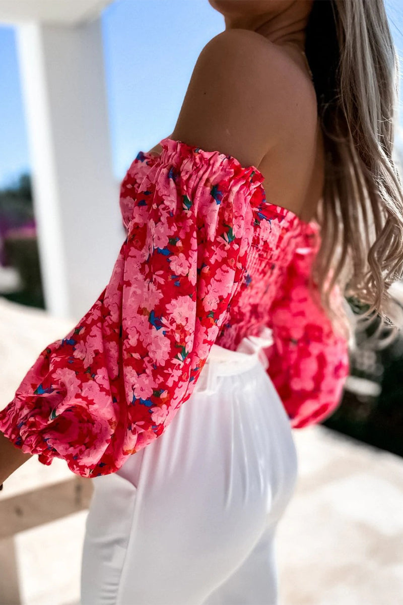 Sweet Elegant Print Printing Off the Shoulder Tops