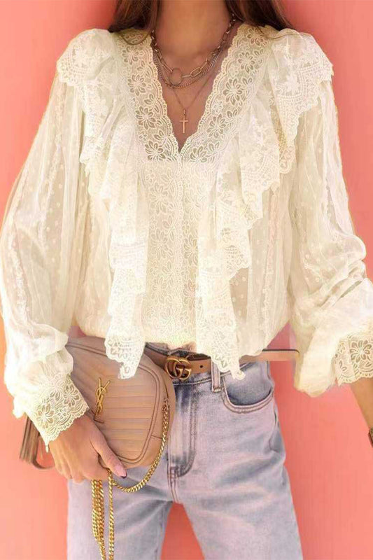 Elegant Solid Lace Patchwork V Neck Blouses