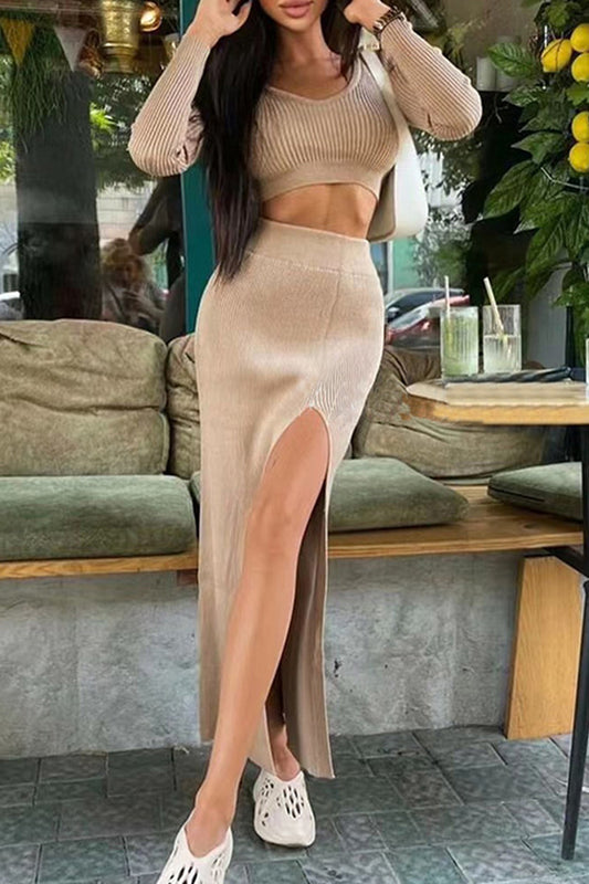 Sexy Solid Slit O Neck Long Sleeve Two Pieces