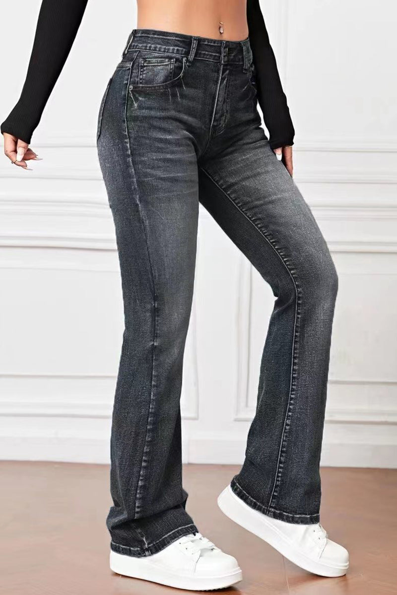 Casual Solid Pocket High Waist Denim Jeans(3 Colors)